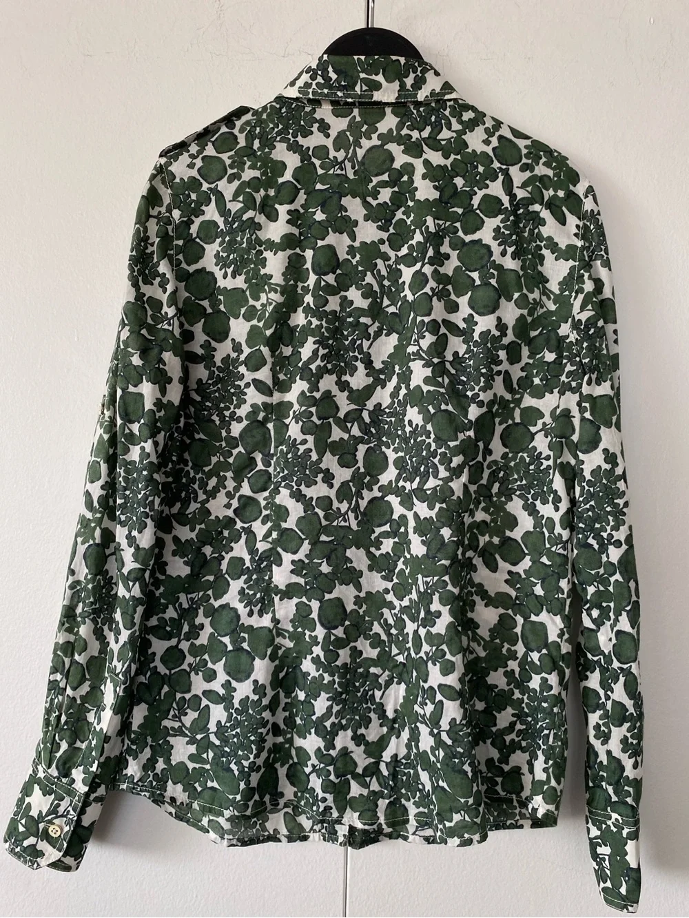Tory Burch Womens Green White Vine Pattern Brigitte Button Up cotton top Size 6